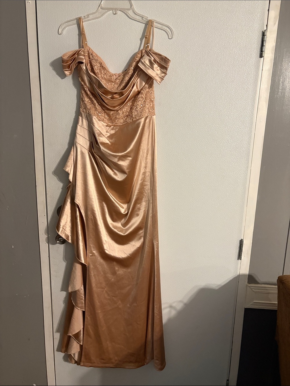 Miusol Satin Lace Cowl Maxi Dress in Champagne pink